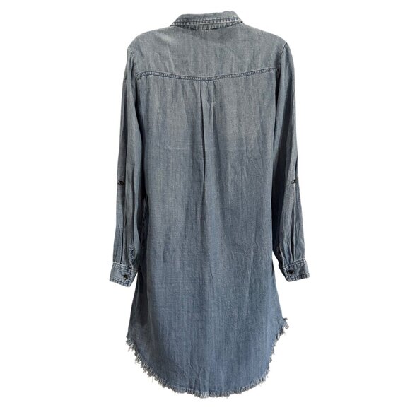 Joh Boho Tunic Dress S Blue Denim Style Fringe Hem Aztec Fabric Yoke - Picture 2 of 14